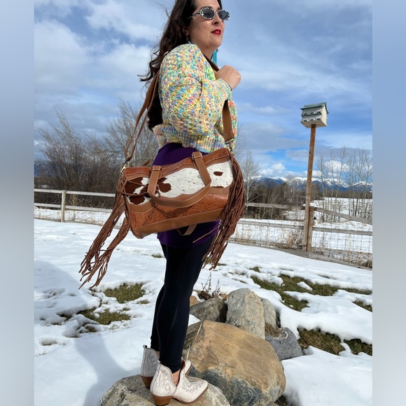 NEW Western Genuine Embossed Leather Cowhide Fringe Tassel Tan fall winter gift - Picture 5 of 13